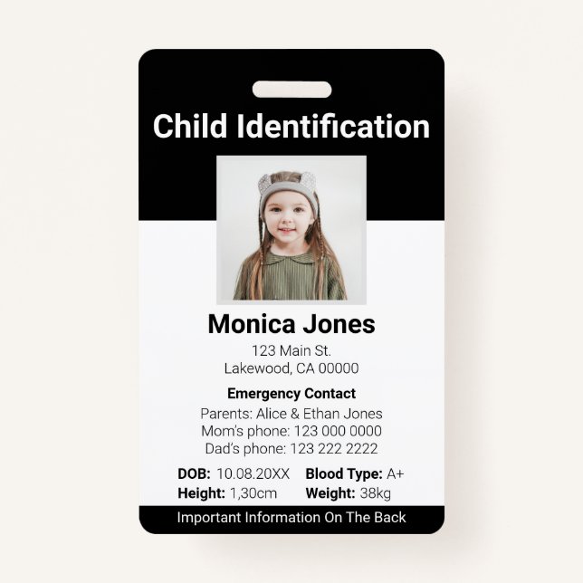 Tarjeta De Identificación Foto de identificación de niños - Negro (Anverso)
