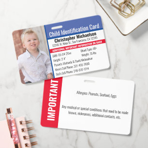 Tarjeta De Identificación Foto de identificación del niño Contacto de emerge