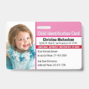 Tarjeta De Identificación Foto de identificación del niño Emergencia médica