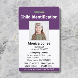 Tarjeta De Identificación Foto de identificación infantil morada