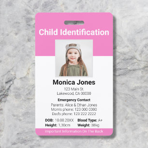 Tarjeta De Identificación Foto de identificación infantil suave rosa