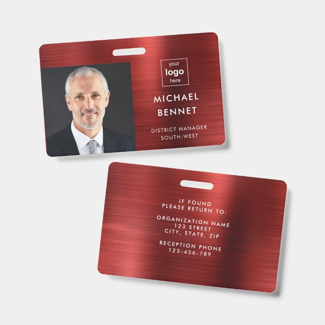 Tarjeta De Identificación Foto de la Compañía Roja Metálica Moderna. (Parte frontal y trasera)