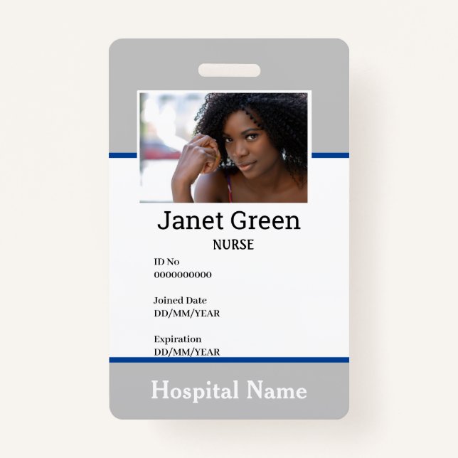 Tarjeta De Identificación Foto de la enfermera Médica de Personalizado gris (Anverso)