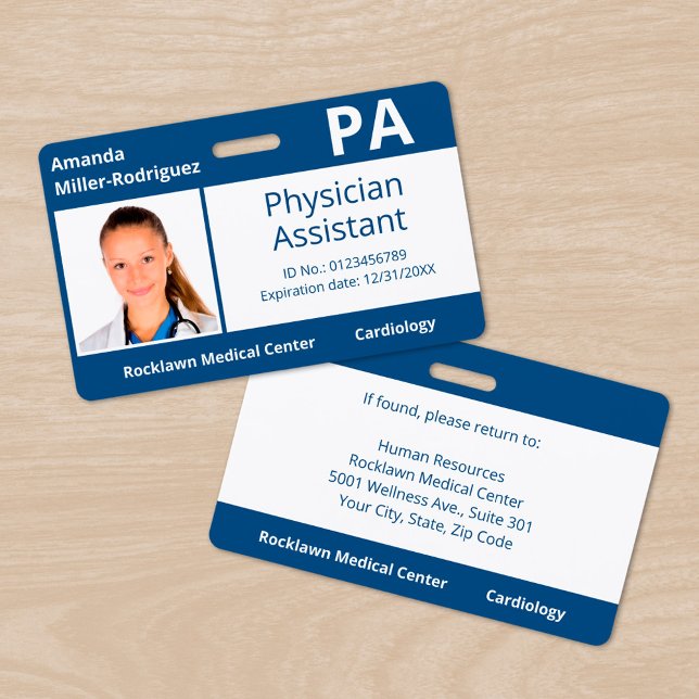 Tarjeta De Identificación Foto de personalizado del hospital azul de los emp (Custom Employee Photo Blue White Hospital ID Badge, front/back)