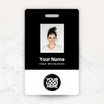 Tarjeta De Identificación Foto del empleado personalizado, código de barras,<br><div class="desc">Personalice fácilmente este distintivo de nombre de empleado de Personalizado blanco y negro con foto, código de barra de exploración y logotipo de negocios. Un sencillo diseño de negocio con colores estándar monocromáticos, personalizable completo en tamaños frontales y posteriores, fuentes sans-serif básicas y modernas y un aspecto profesional y claro....</div>