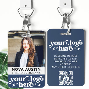 Tarjeta De Identificación Foto ID de empleado azul con código QR logotipo de