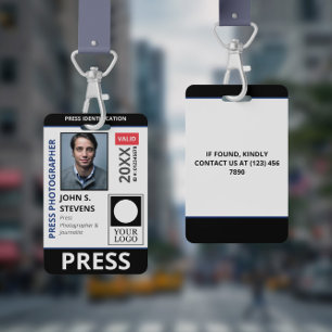 Tarjeta De Identificación Foto Negra Azul y Logotipo de Taller ID de Prensa