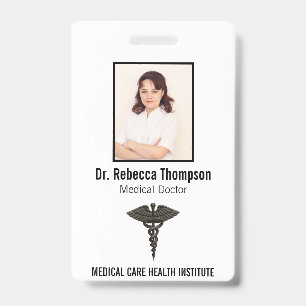 Tarjeta De Identificación Foto negra profesional simple caduceo médico