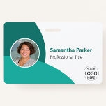 Tarjeta De Identificación Foto personalizada de color azul verdoso, logotipo<br><div class="desc">Personalice estas insignias horizontales de color azul verdoso para empleados con una foto del empleado,  logotipo de la empresa,  código de barras,  identificación y nombre del empleado.</div>