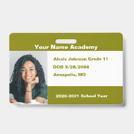 Tarjeta De Identificación Foto personalizada de Olive Green para hogar escue