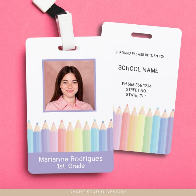 Tarjeta De Identificación Foto personalizada del profesor de arco iris púrpu (Front and back of ID shown. Personalize with your photo and information.)