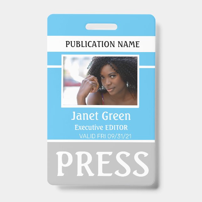 Tarjeta De Identificación Foto personalizada Reporter Press Pass ID Blue  (Anverso)