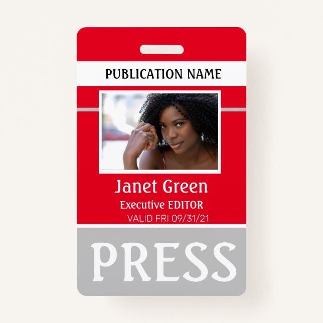 Tarjeta De Identificación Foto personalizada Reporter Press Pass ID Red (Anverso)