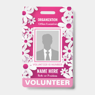 Tarjeta De Identificación Foto Voluntario Alegre Feliz Margaritas Blancas Ro