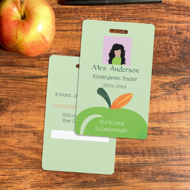 Tarjeta de identificación fotográfica de Apple ver (Bold apple green vertical teacher photo ID badge .)