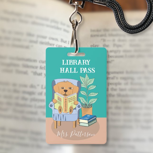 Tarjeta De Identificación Fun Cartoon Reading Dog Library Hall Pass Badge (Fun reading dog elementary school library hall pass badge .)