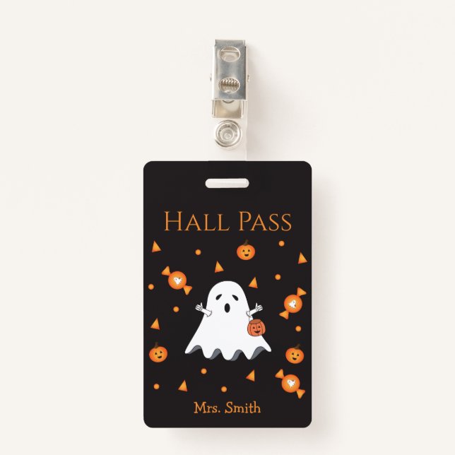 Tarjeta De Identificación Fun Halloween Ghost Hall Pass (Anverso con clip)