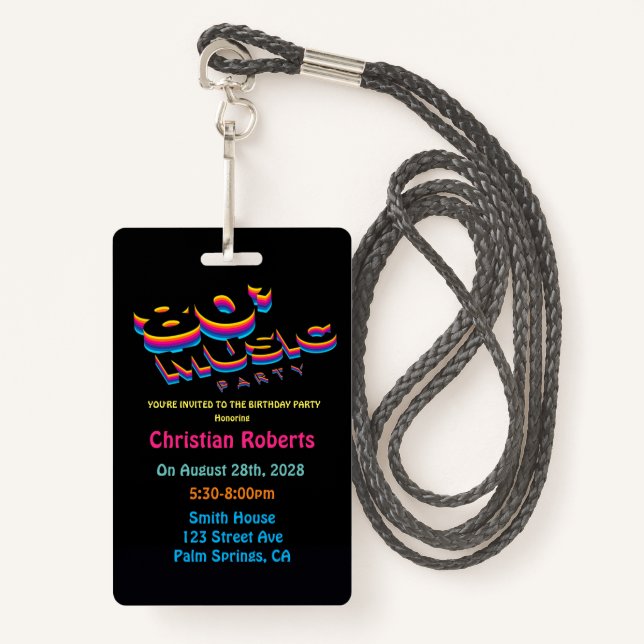 Tarjeta De Identificación Fun Neon 80's Music Birthday Party Badge (Anverso son cordón)