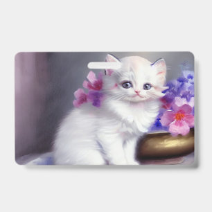 Tarjeta De Identificación Gatito blanco vintage con flores rosadas y moradas