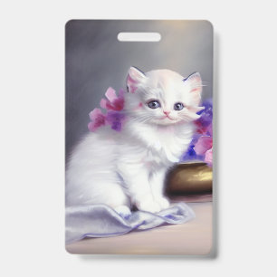 Tarjeta De Identificación Gatito blanco vintage con flores rosadas y moradas