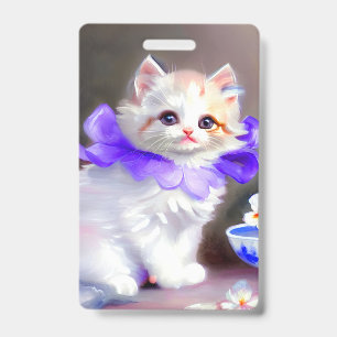 Tarjeta De Identificación Gato blanco con pintura de cuello de flores morada