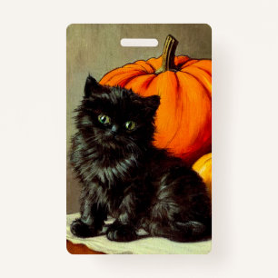 Tarjeta De Identificación Gato negro vintage de Halloween y calabazas