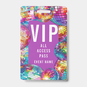 Tarjeta De Identificación Girly Cute VIP All Access Pass QR Code Disco Ball