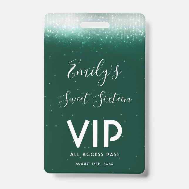 Tarjeta De Identificación Glam Emerald Sweet 16 Invitation VIP Pass Badge (Parte frontal)