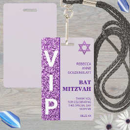 Tarjeta De Identificación Glam Purple Único VIP Bat Mitzvah Party Favor
