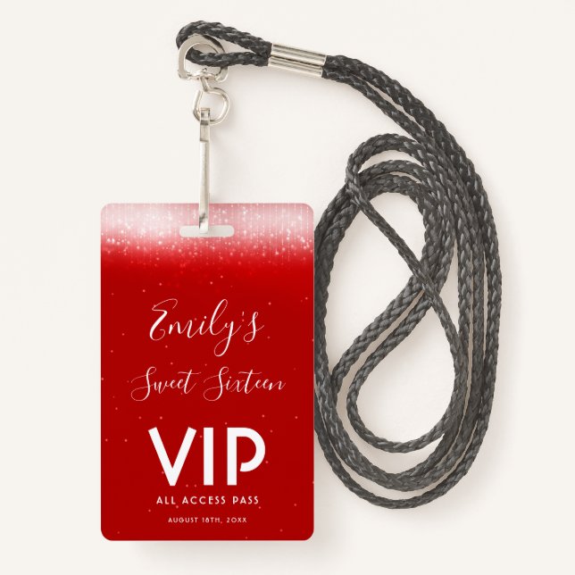 Tarjeta De Identificación Glam Red Sweet 16 Invitation VIP Pass Badge (Anverso son cordón)