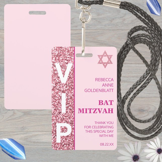 Tarjeta De Identificación Glamour Pink Único VIP Bat Mitzvah Party Favor (Custom VIP badges make fun Bat Mitzvah party favors and keepsakes from the celebration)