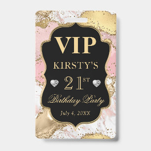 Tarjeta De Identificación Glitter Agata Cumpleaños VIP Rosa y Dorado