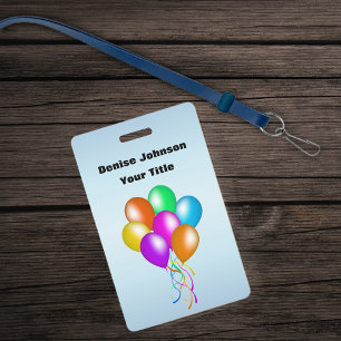 Tarjeta De Identificación Globos de colores brillantes y serpentinas en azul