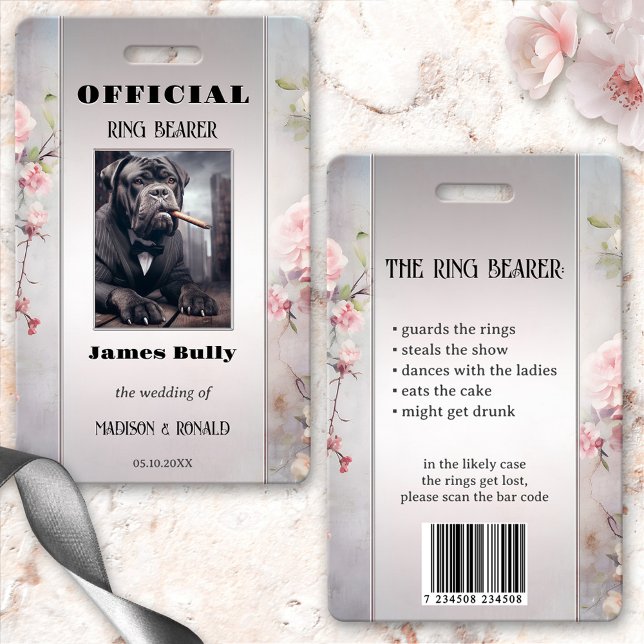 Tarjeta De Identificación Graciosa placa de identificación de foto de Boda f (Funny wedding ring bearer photo ID badge with your custom photo on a floral pink grey design)