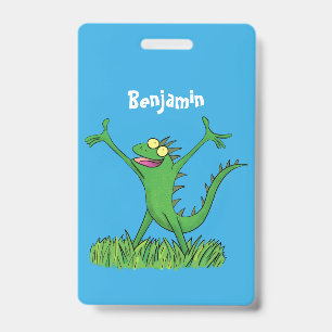 Tarjeta De Identificación Gracioso lagarto de iguana con sonrisa verde