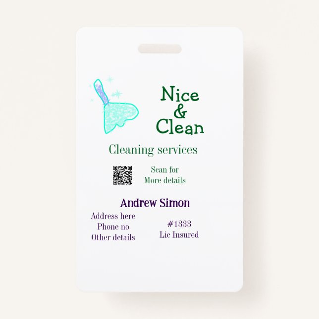 Tarjeta De Identificación Green blue gitter clean mop add name address q r b (Anverso)