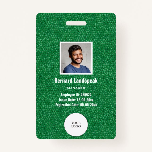 Tarjeta De Identificación Green Leather & Employee Photo & Logo, Bar code (Anverso)