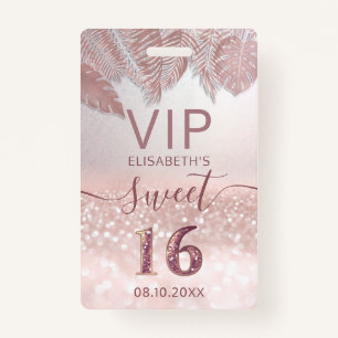 Tarjeta De Identificación Guión Rosa Tropical purpurina oro Sweet 16 VIP