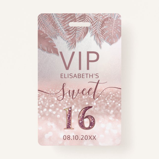 Tarjeta De Identificación Guión Rosa Tropical purpurina oro Sweet 16 VIP (Anverso)