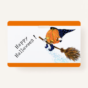 Tarjeta De Identificación Halloween Badge Bruja Calabaza Flying Broom
