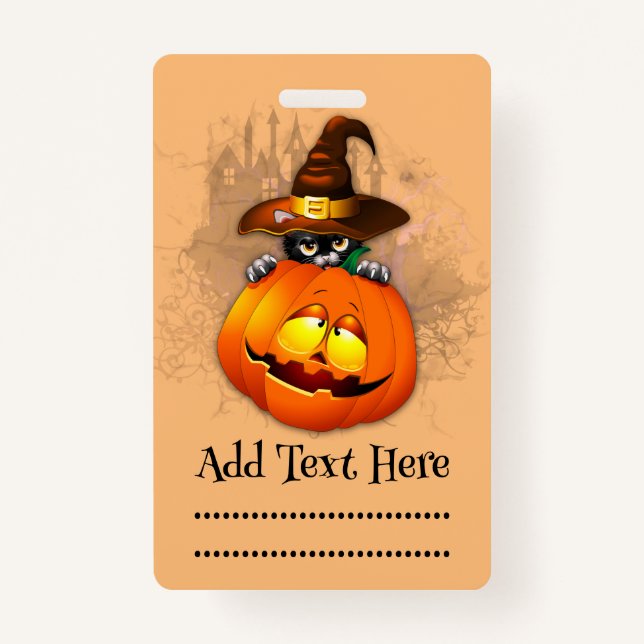 Tarjeta De Identificación Halloween Curte Kitty Witch and Pumpkin Friend (Anverso)
