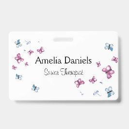 Tarjeta De Identificación Hermosa etiqueta de nombre de mariposa rosa y azul