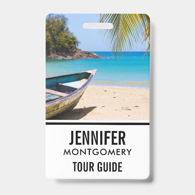 Tarjeta De Identificación Hermosa playa tropical con una barca (Parte frontal)