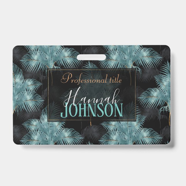 Tarjeta De Identificación Hojas de Palma Tropicales Metálicas de Verano Azul (Parte frontal)