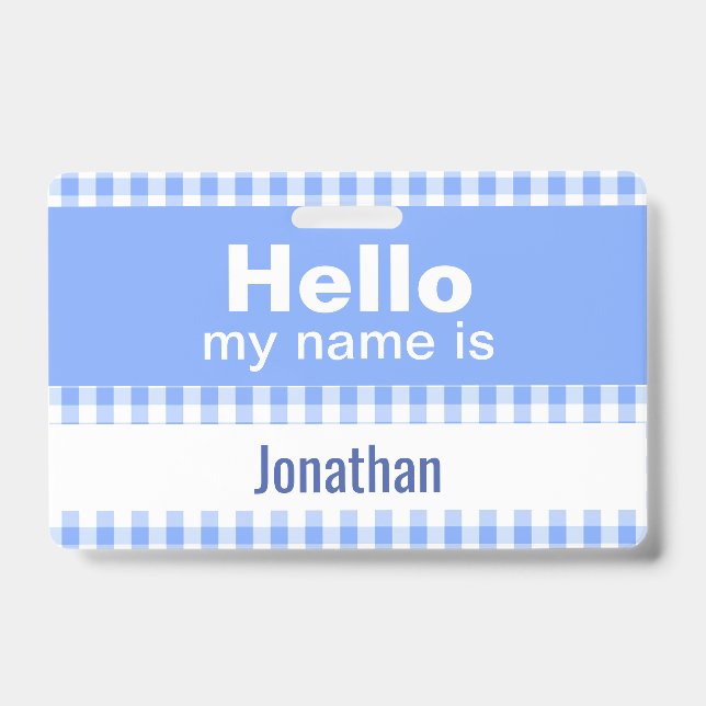 Tarjeta De Identificación Hola Mi nombre es - azul gingham y blanco (Anverso)