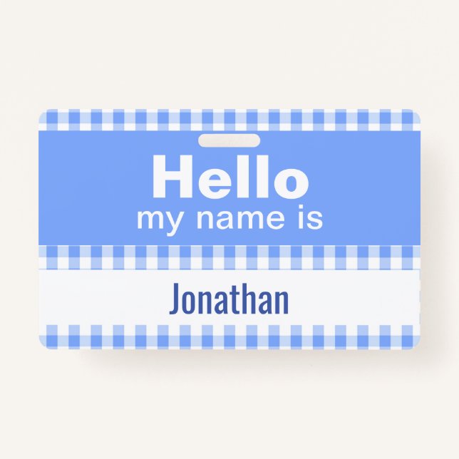 Tarjeta De Identificación Hola Mi nombre es - azul gingham y blanco (Anverso)