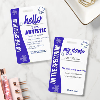 Tarjeta De Identificación I Have Autism ID Personalized Autistic Name Badge