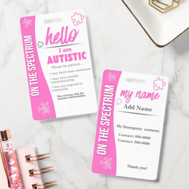 Tarjeta De Identificación I Have Autism ID Personalized Autistic Name Badge (Oficina)