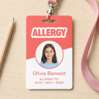 Tarjeta De Identificación ID de Alergia Alimentaria Infantil Rojo Moderno