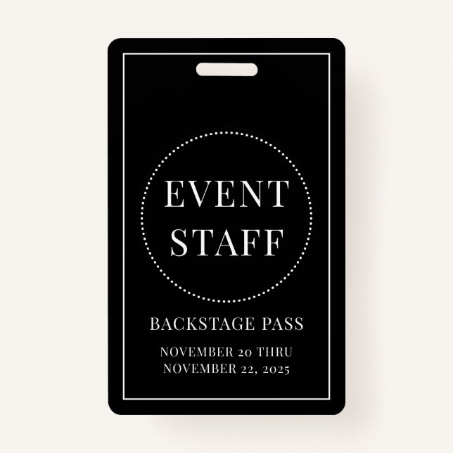 Tarjeta De Identificación Id. de blanco negro para el personal del evento (Anverso)